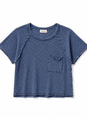 NEWIN Blue Slub Knit Raw Edge PocketT Short Sleeve 100% Cotton Relaxed Top S
